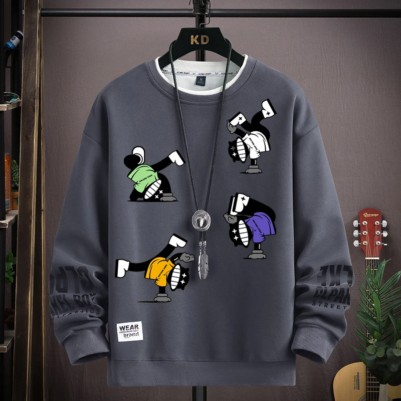 S-5XL Men Hip Hop Sweatshirts Casual O Neck Harajuku Khaki Top Trendy Cartoon Printed Long Sleeve T-shirt Fashion Men\'s Clothing