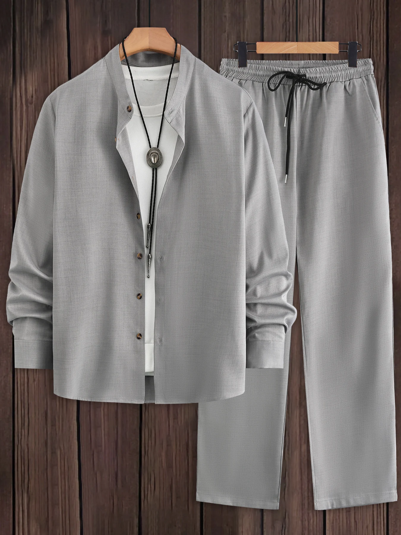 Men's 2 Piece Textured Outfits, Light Gray Stand Collar Shirt & Drawstring Pants Set