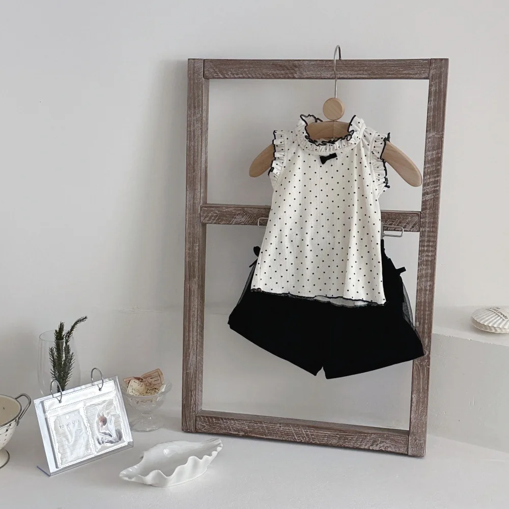 2026 Summer New Baby Girl Cute Dot Clothes Set Infant Girl Cotton Sleeveless Vest + Bow Shorts 2pcs Suit Toddler Cotton Outfits