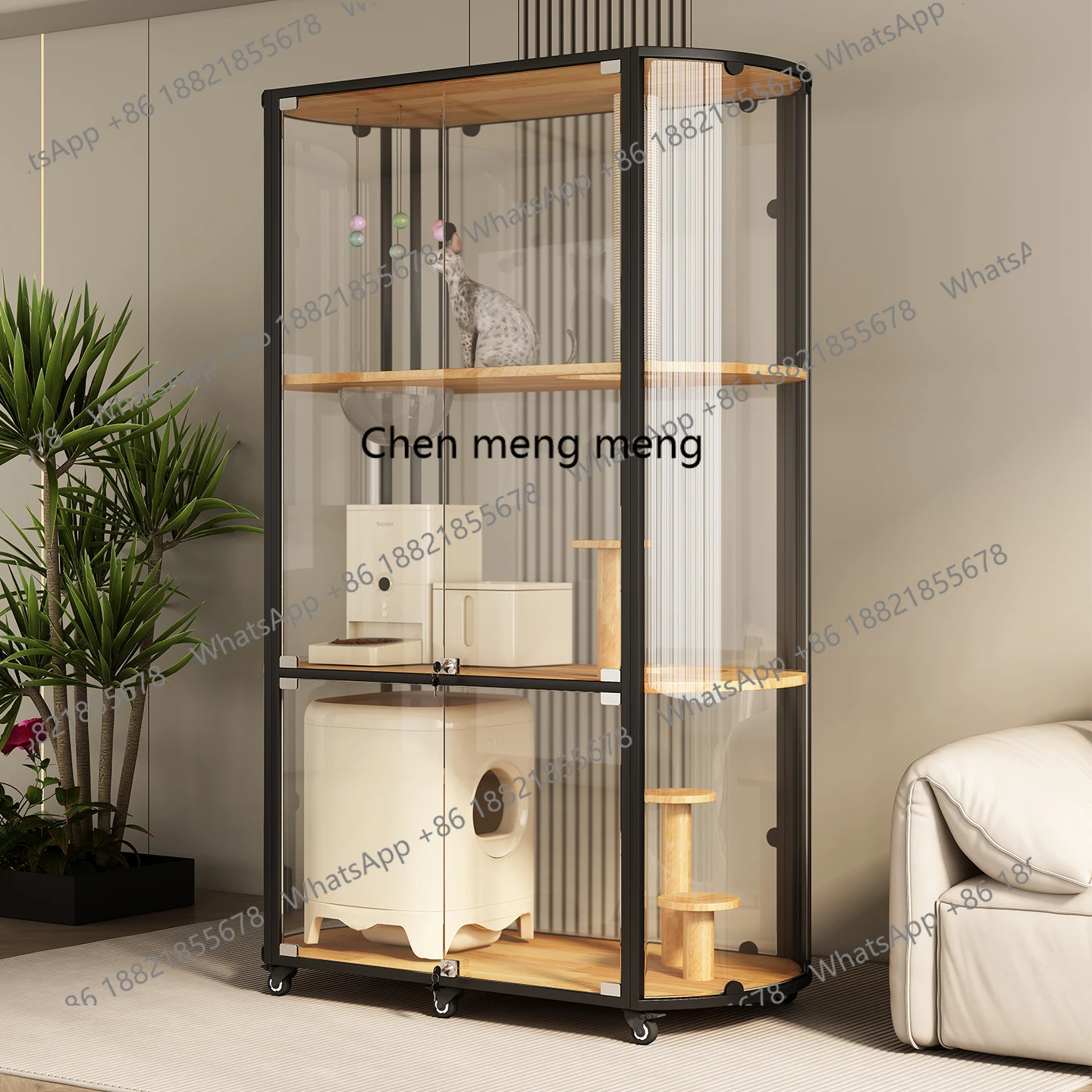 

Panoramic cat villa luxury glass large solid wood cat cage household automatic cat litter box