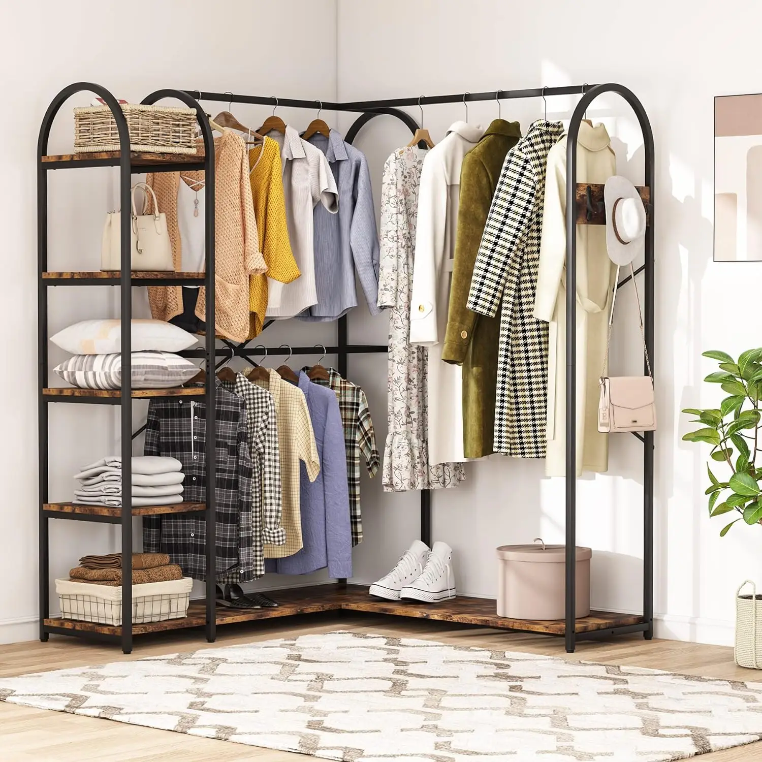 

L-Shaped Garment Rack with Shelves, Heavy Duty Corner Clothes Rack with Coat Hooks, Anti-toppling Device for Hanging Clothes