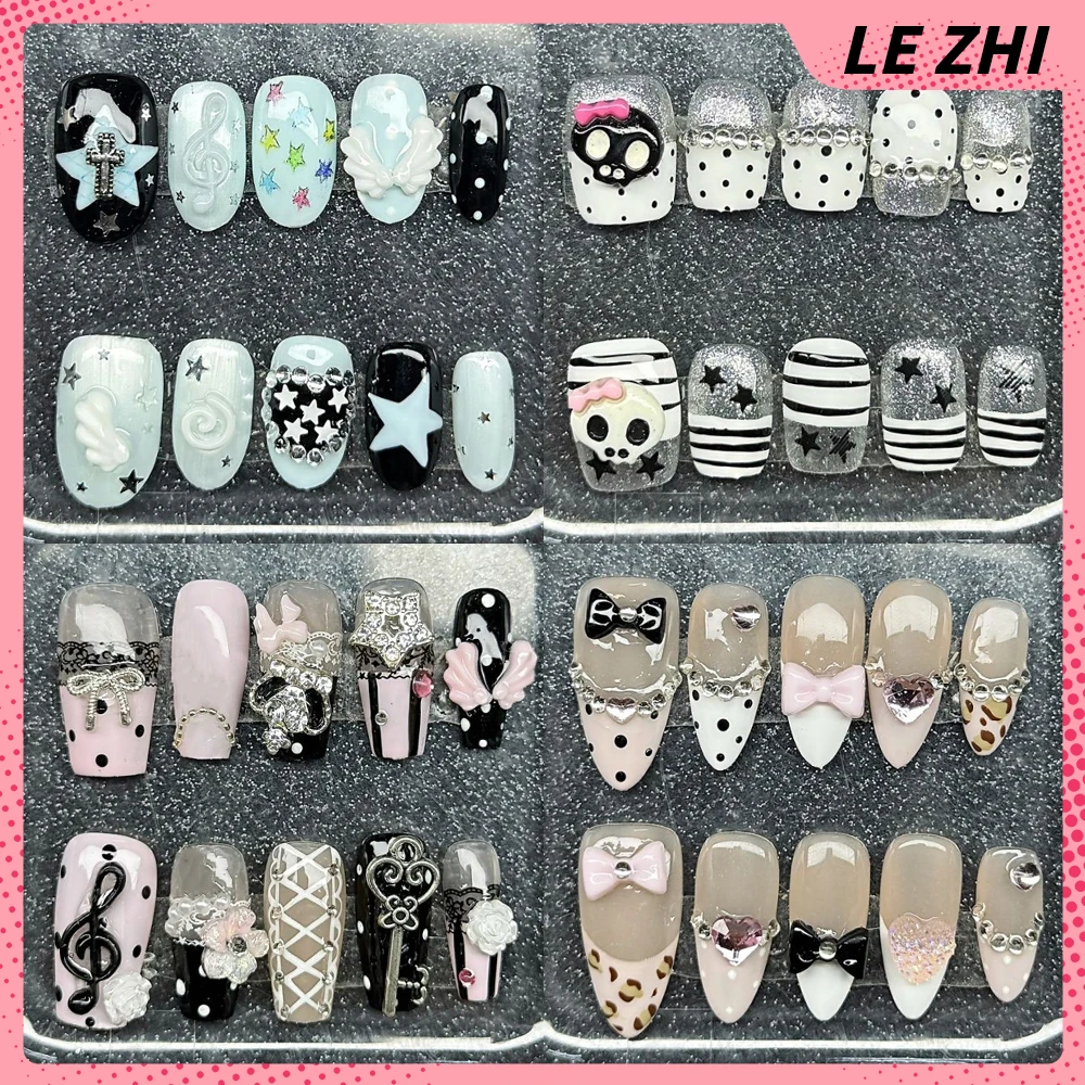 

Y2K Handmade Square Almond Wearable Press On Nails Flower Star Diamond Wings Bowknot Polka Point Musical Notes Full Cover Nails