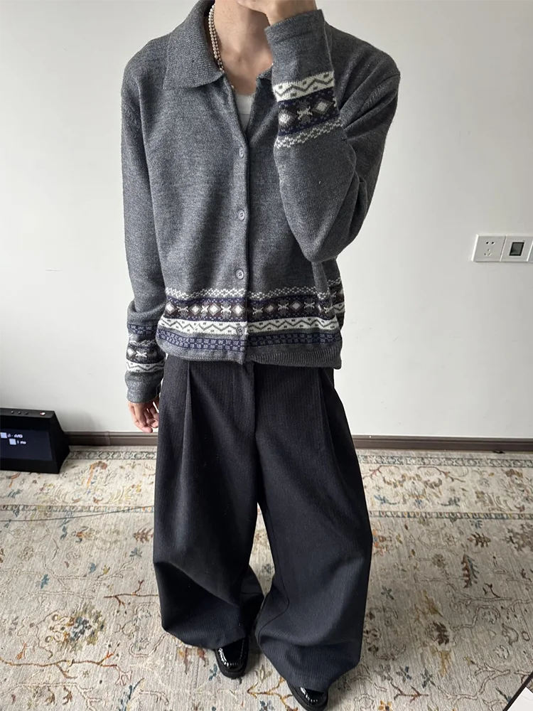 

Cleanfit American Retro Fair Isle Knitted Open Cardigan Men's Lazy Spring Autumn High Collar Sweater Soft Cotton Blend Long S...