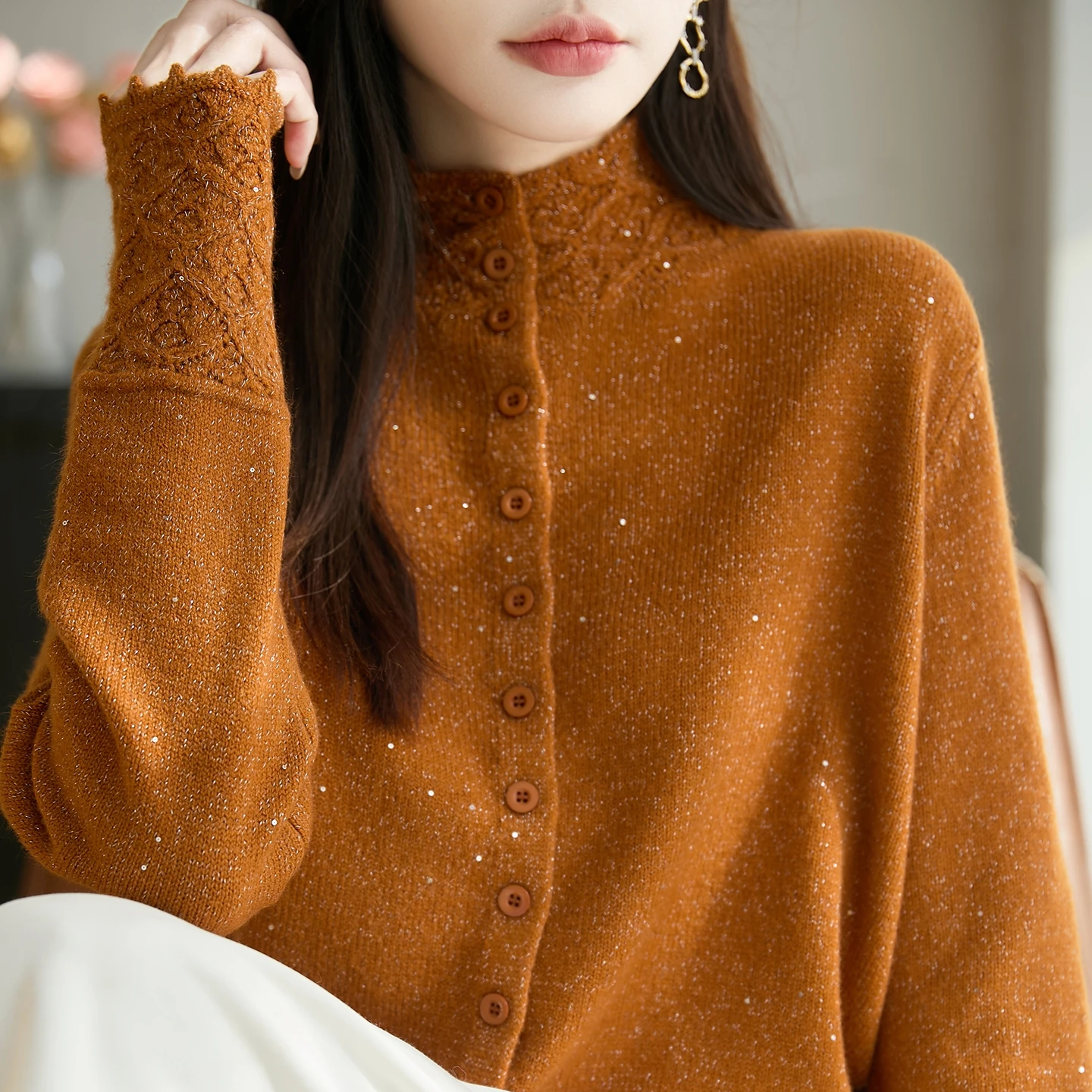 

Open Cardigan Sweater Women's Loose Knitted High Collar Color Hook Flower Design Premium Feel White ading