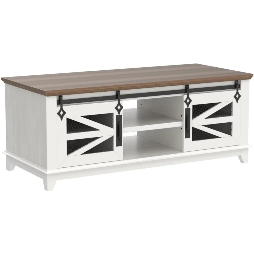 Farmhouse & Industrial Cocktail Table w/Adjustable Shelves, Modern Rect，48'' Coffee Table with Storage & Sliding Barn Doors