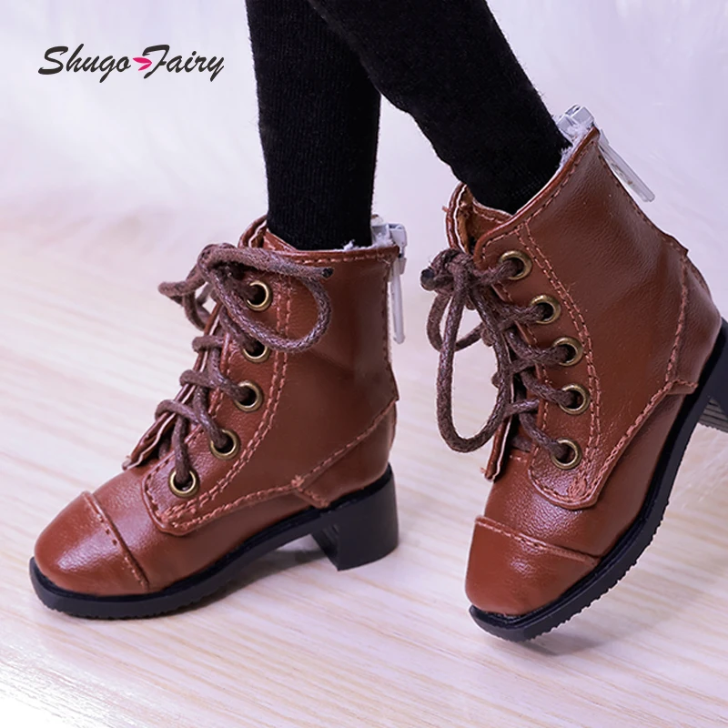 BJD 인형 신발, 1/4 산스크리트어 셀리아 영국 가죽 부츠, 플랫 피트 레이스업 버스킨, BJD 액세서리, 블랙 다크 브라운 화이트 슈가페어리