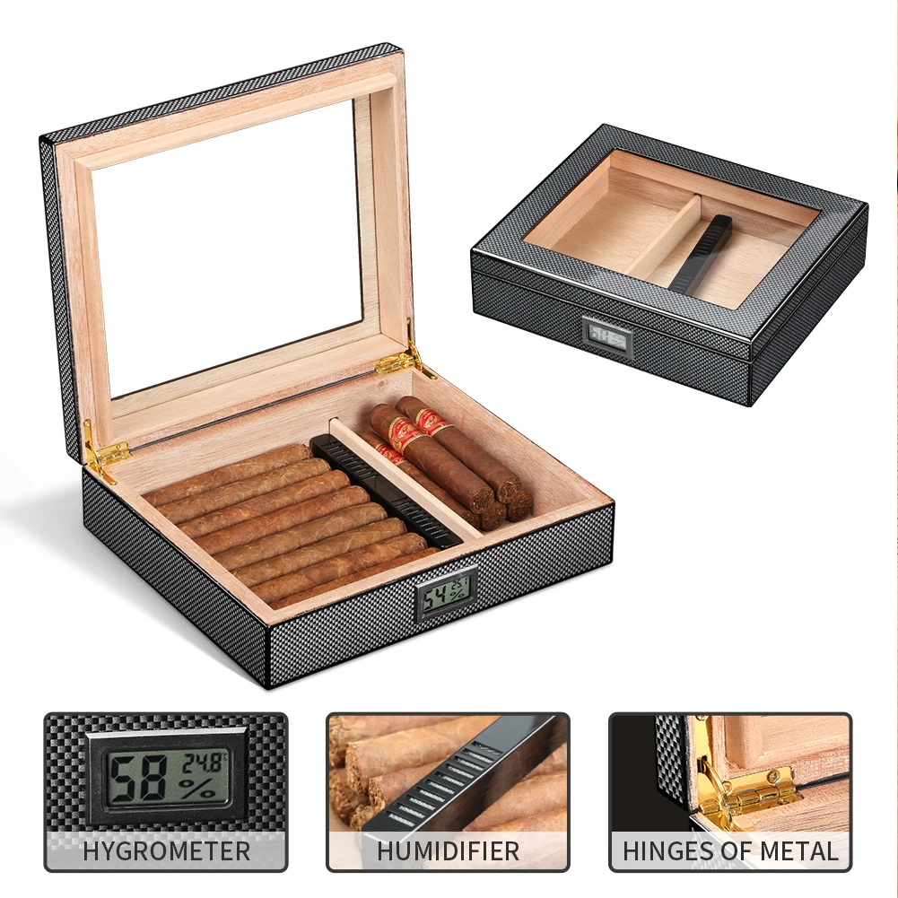 Caja de humidificador de cigarros de madera de cedro, estuche de viaje portátil para cigarros con humidificador, higrómetro, humidificador de