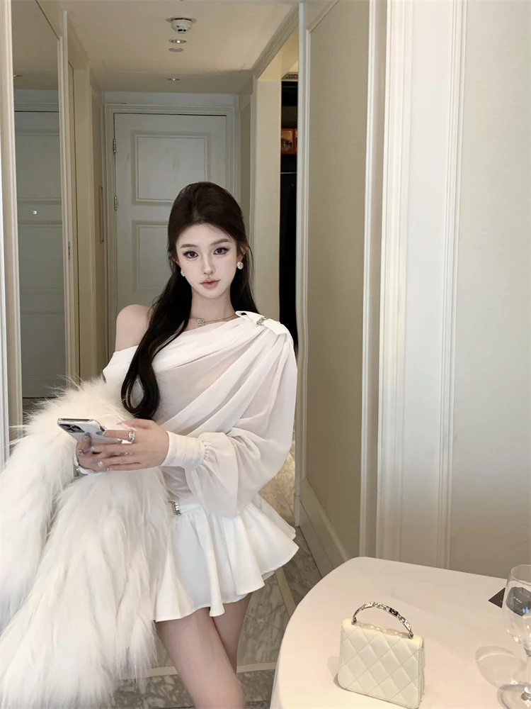 

Sexy Knot Long Sleeve Shirt Top Women's High Waist Skirt Set Spring Fashion Two-Piece White Hot Girl Outfit