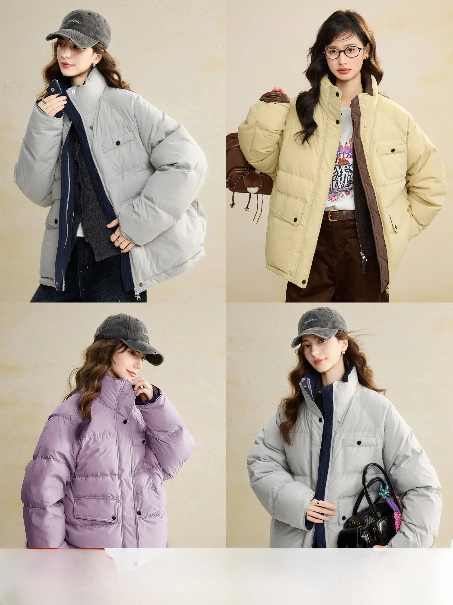 

Pumpkin Valley Creamy Lightweight down Jacket Color Block Duck down Thick Winter Outerwear for Women Warm Nylon Stand Collar ...