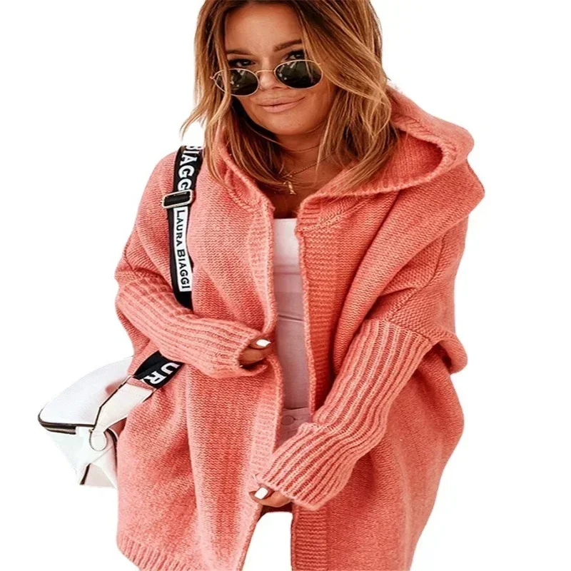 Hooded Cardigan Sweater Women Fall Fashion Bat-shaped Soft Loose Back Stitching Knitted Clothing