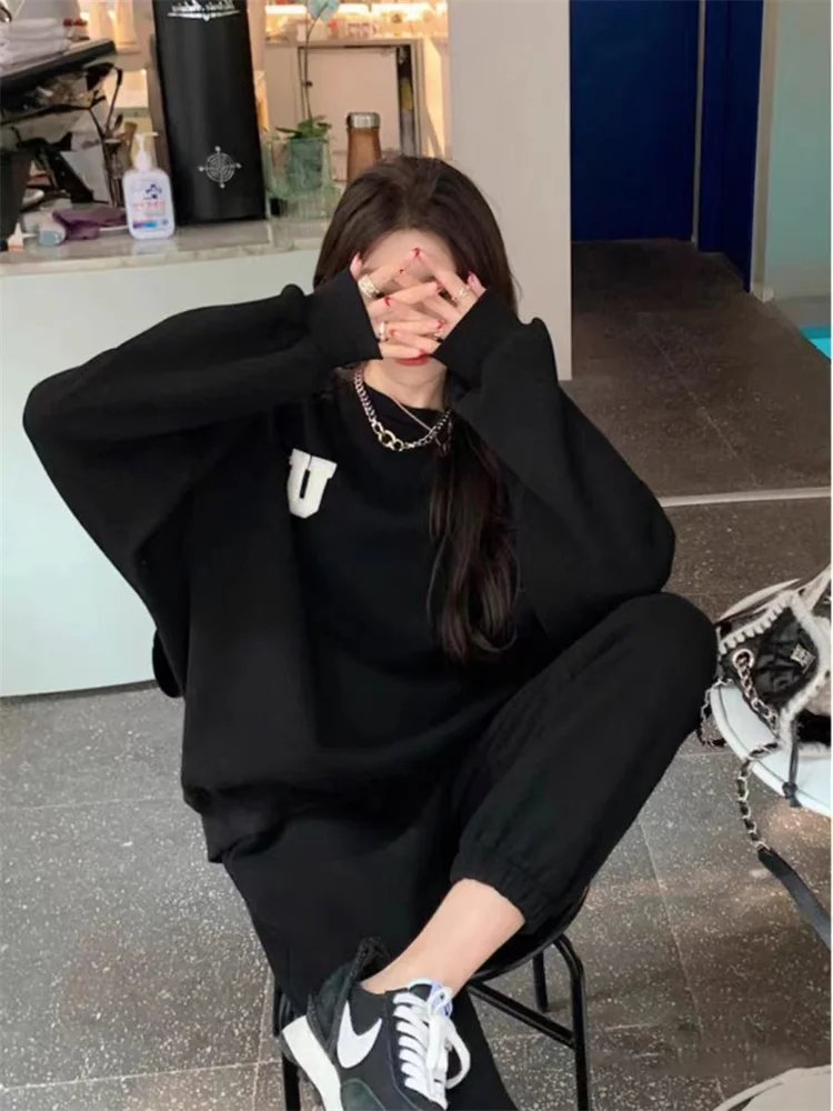 Red Loose Fit Women's Sportswear Set 2025 Autumn Winter Fashion Casual Two-Piece Suit Korean Style Long Sleeve round Neck