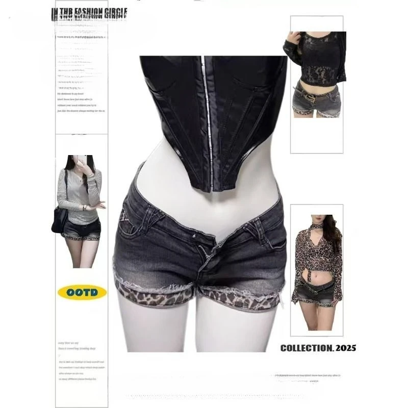 

Y2k Subculture 2000s Short Jeans Leopard Women Casual Streetwear Patchwork Zipper Bodycon Sexy Summer American Low Waist