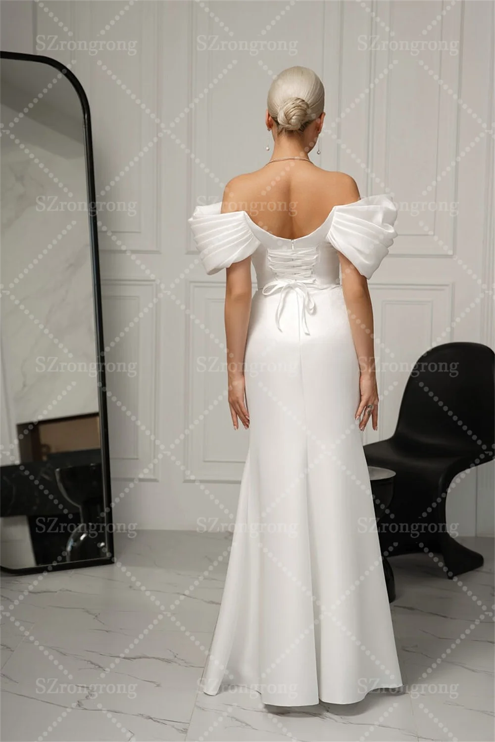 Classic Off Shoulder Pleated Wedding Party Gown Sheath Front Slit Backless Boho Long Bridal Dress Custom Made vestido de