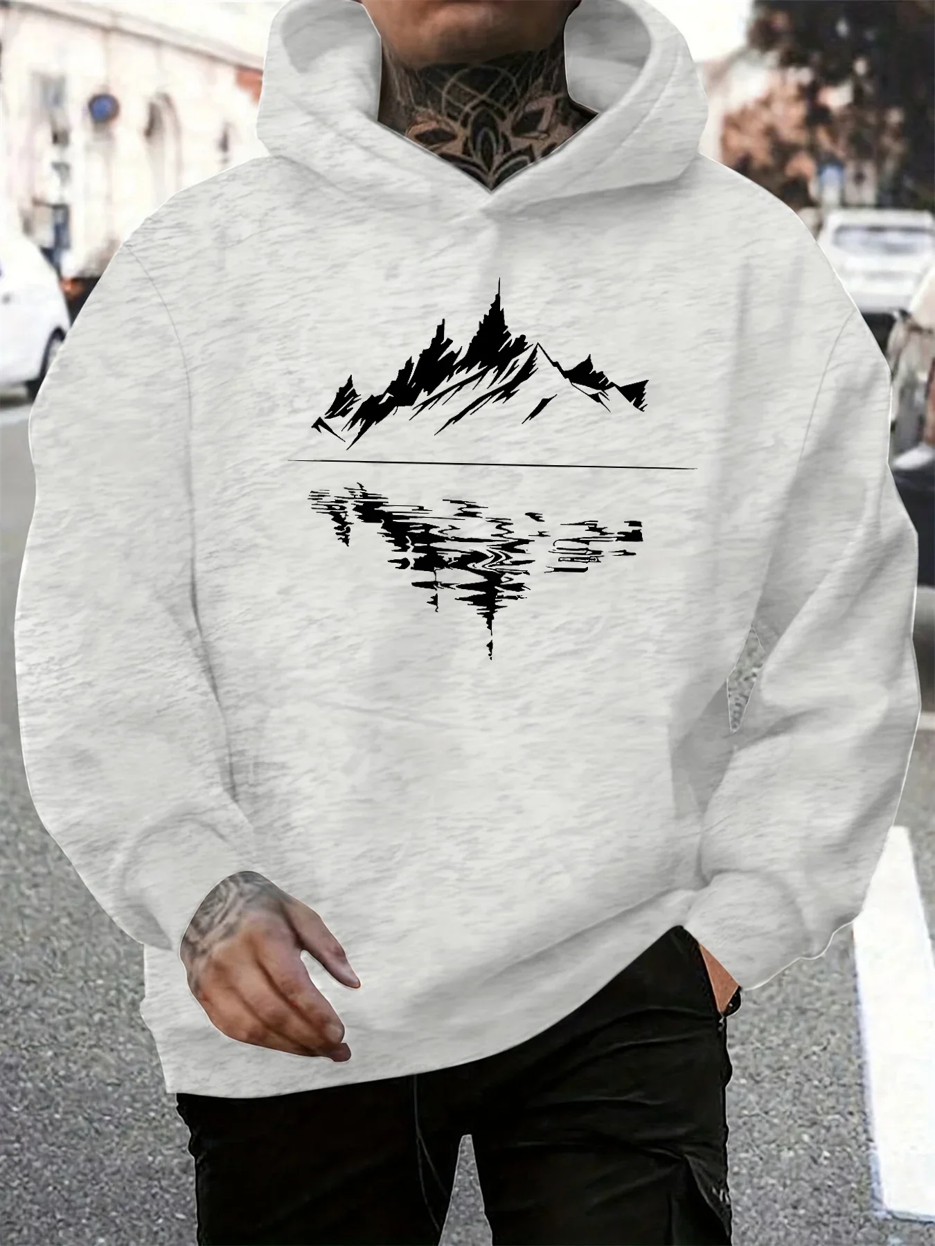 سترة رجالية كاجوال فضفاضة بغطاء للرأس للخريف والشتاء مع نمط انعكاس جبلي مطبوع بأكمام طويلة بلوفر دافئ #6