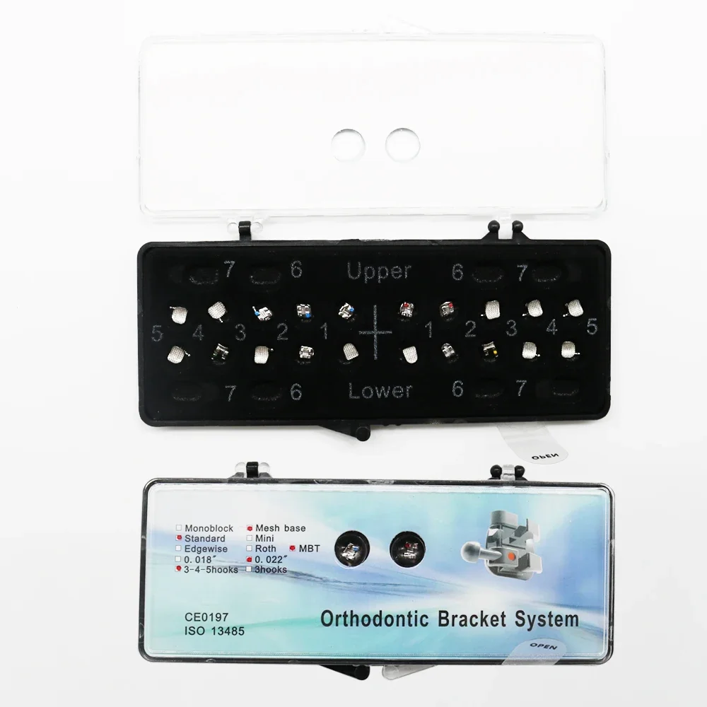 5Boxes Orthodontic Dental Bracket Mesh Base MBT 345Hooks 0.022 Mini/Standard Metal Bracket Plastic Box