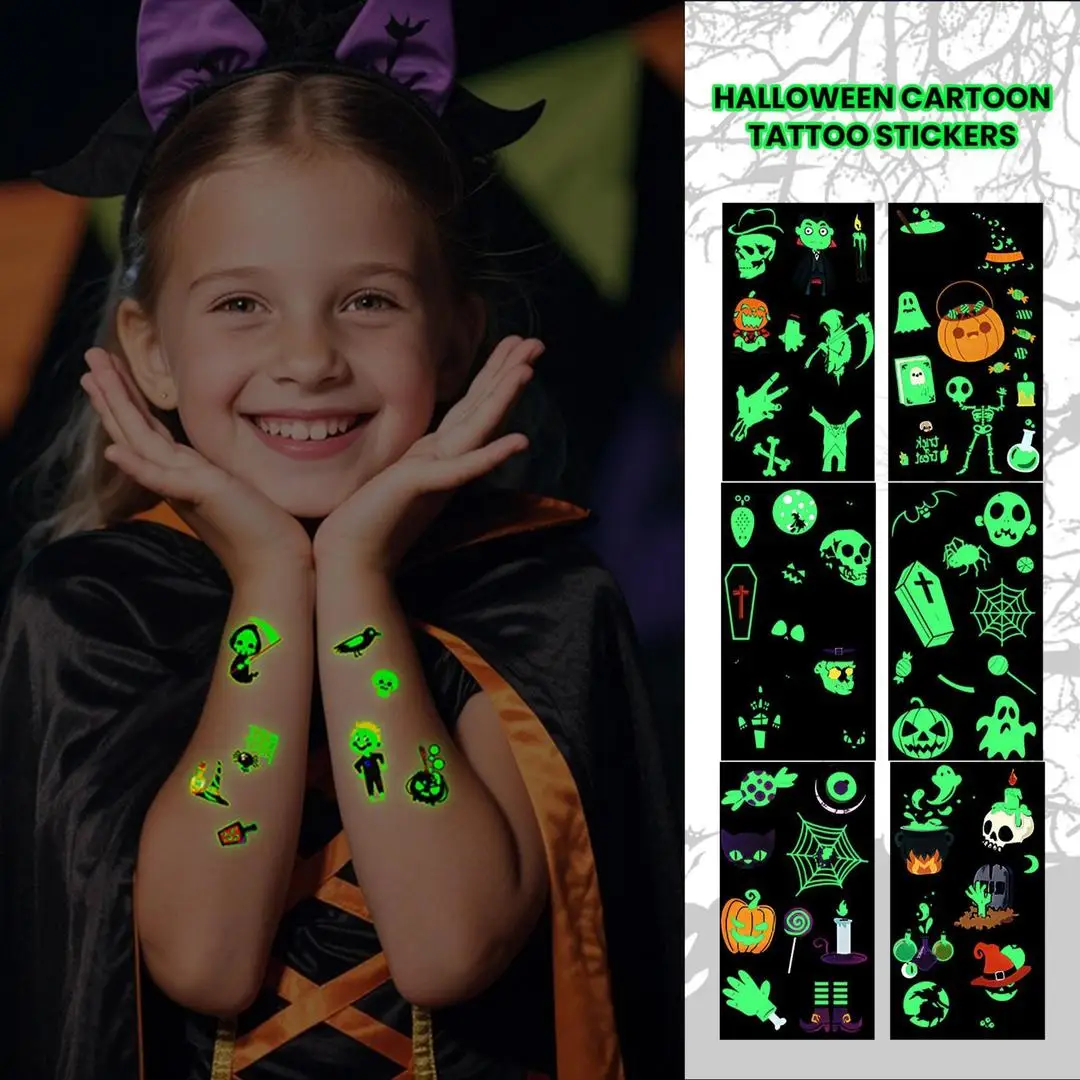 A Halloween Kids Toy Gift 6/8 Sheets Glowing Pumpkin Knife Fake Tattoos, Waterproof Body Stickers for Arm Hand Cosplay Decor