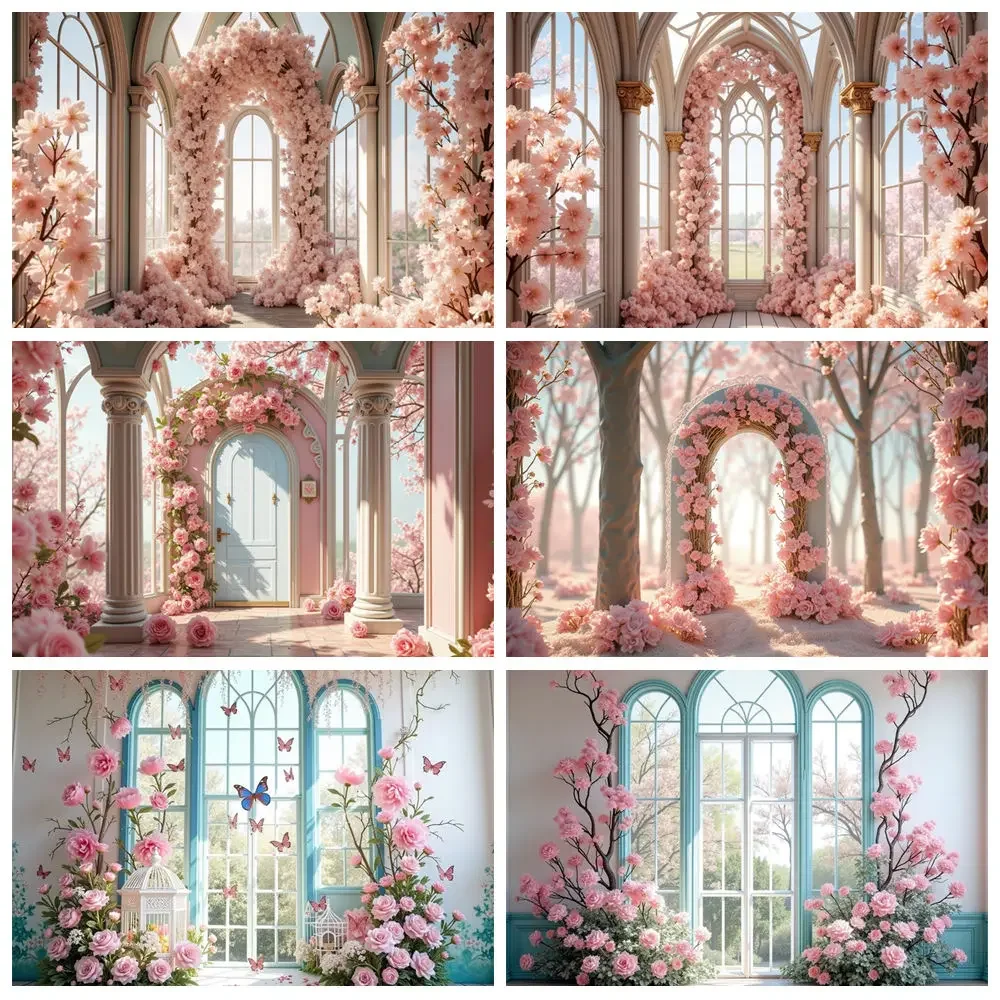 MOON.QG قوس نافذة الباب صورة إطار الصورة التصوير خلفية الربيع زهرة استوديو الصور خلفية عيد ميلاد الزفاف ديكور