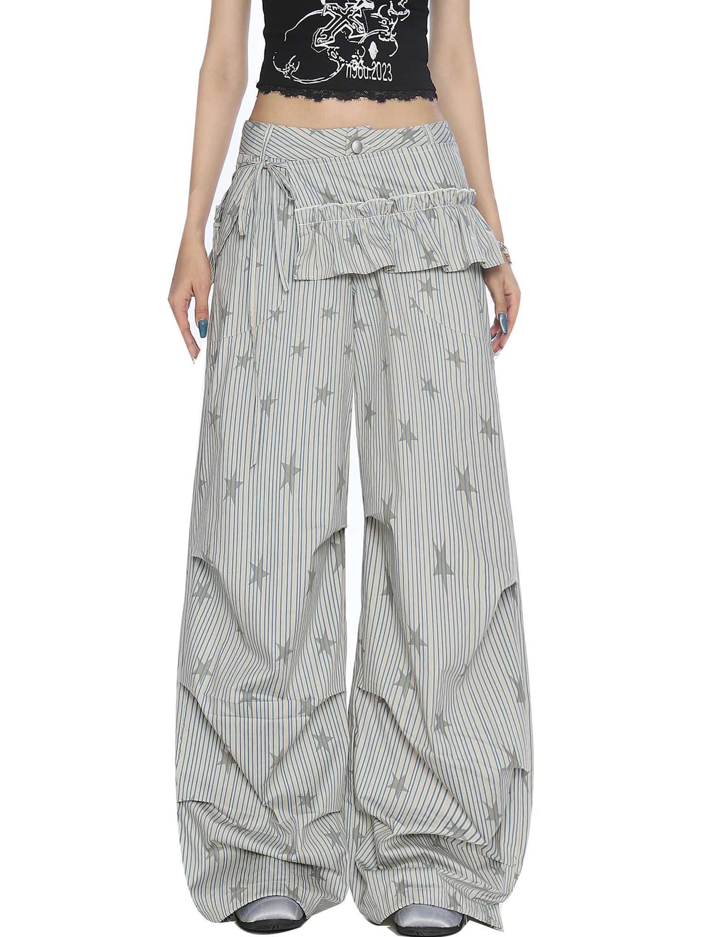 الأمريكية Sle الصيف عارضة مطوي شريطية ستار طباعة العمل السراويل النساء واسعة الساق الطابق طول السراويل مع بعقب الستار الرقص...