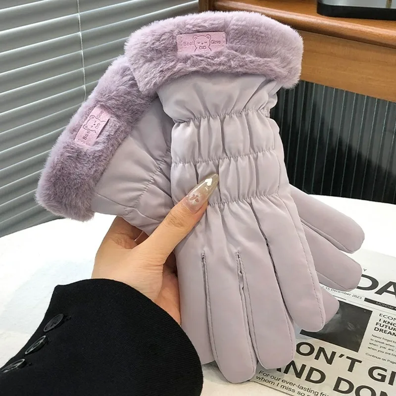 Fashion Waterproof Plush Down Cotton Gloves Women Winter Coldproof Windproof Velvet Fluffy Lining Thickened Warm Ski Mittens