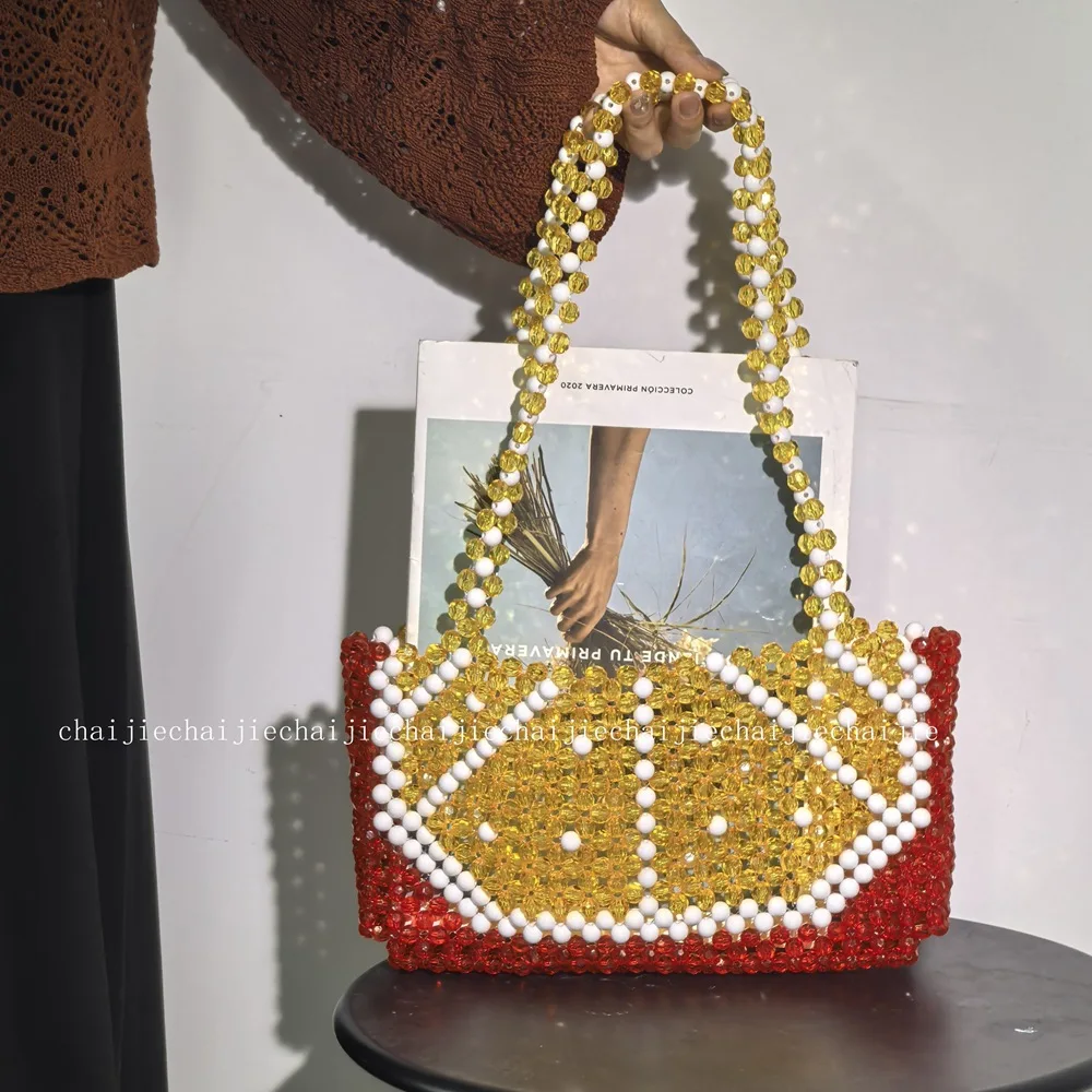 

Fashion Splicing Color Blocking Retro Handbag Hand Woven Acrylic Orange Design Women's Shoulder Armpit Bag Can Be Customized