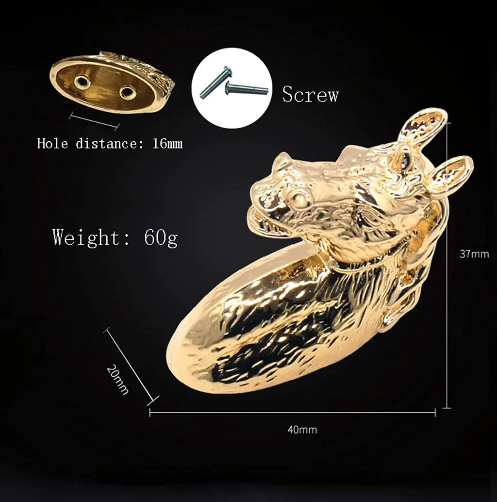 2 قطعة مقابض الأبواب العتيقة مقبض الحيوان الحصان سبائك الزنك مقبض كابينة مع مسامير (الذهبي)