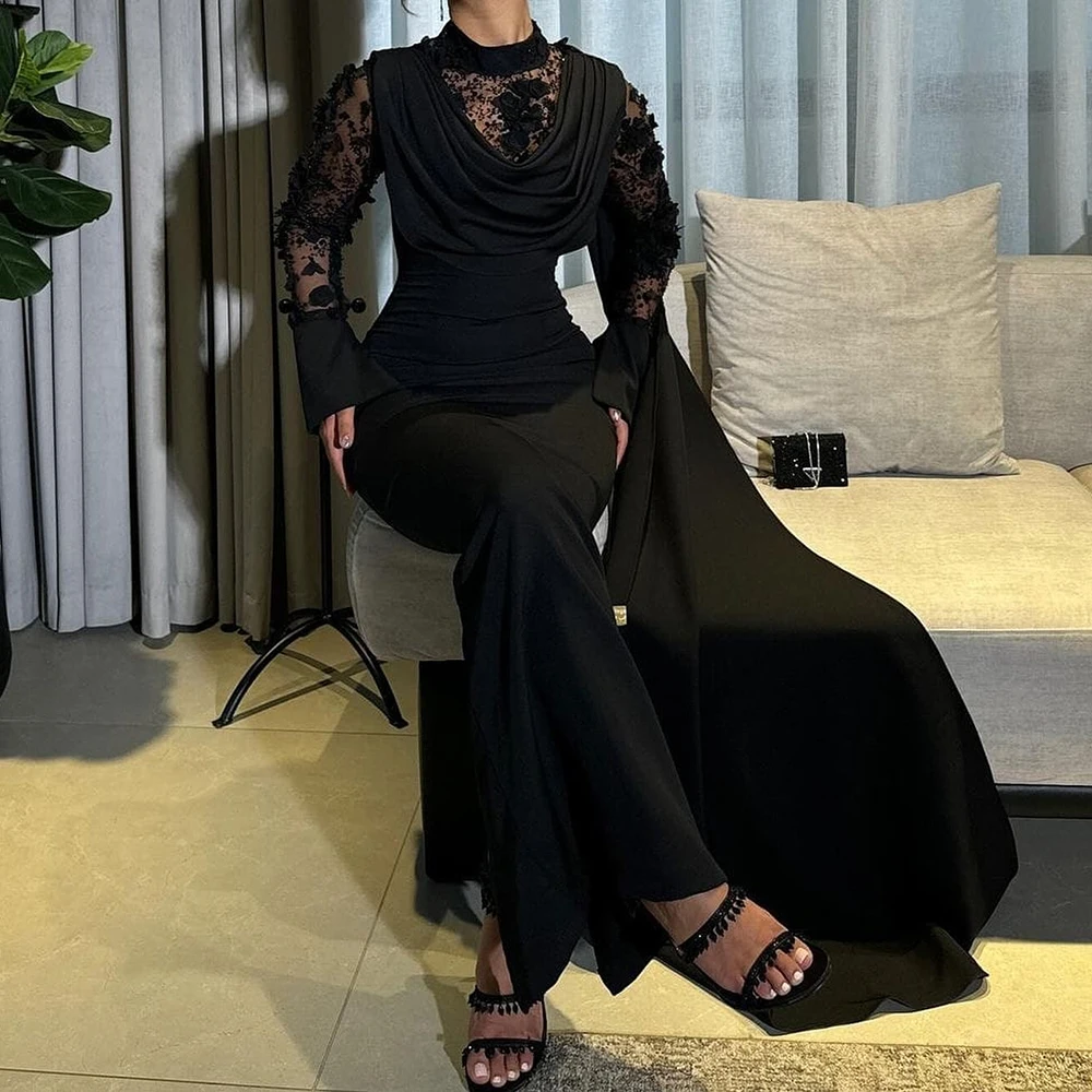 Customized Exquisite Black Lace and Appliques Jersey High Collar Evening Dress Watteau Train Long Sleeves Homecoming Dresses