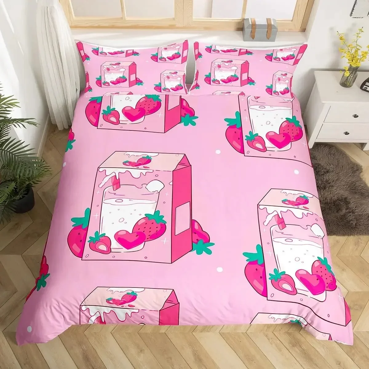 Sweet Strawberry Milk Duvet Cover King Queen Cute Bear Bedding Set Cartoon Fruits Animals Comforter Cover with 2 Pillowcases