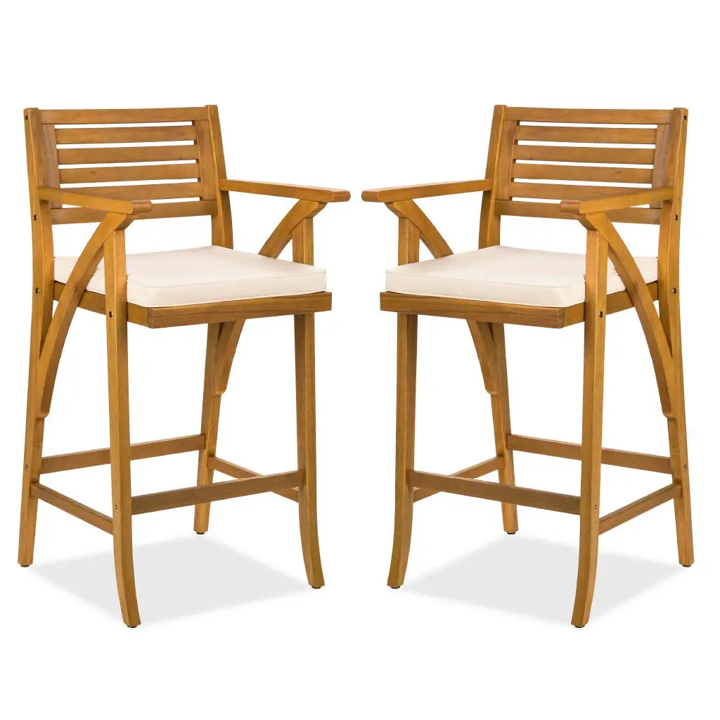 

Set Of 2 Wood Bar Stools Bar Chairs For Patio, Pool, Garden W/Weather-Resistant Cushions - Cream, Customized