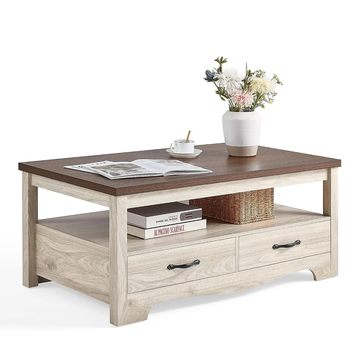 Farmhouse Wood Coffee Table with Storage Drawers & Open Shelf, Metal Handles, Curved Base Living Room, Oak & Brown, Customized