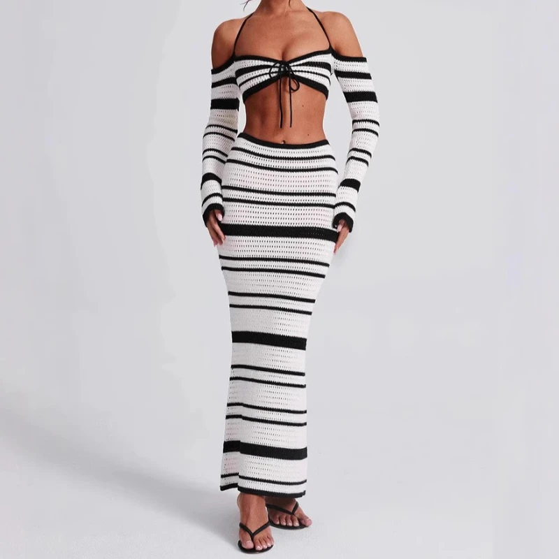 

New Euramerican Fashion Constrast Color Striped Knitted Two Piee Sets Y2k Aesthetic Sexy Halter Tops All Match Women Long Skirt