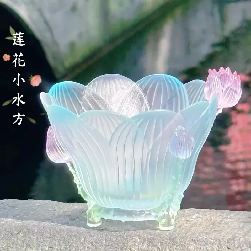 Colorful Glazed Lotus Flower Master Cup Small Square Water Feature Creative Desktop Ornament for Home Office Decor Scenic