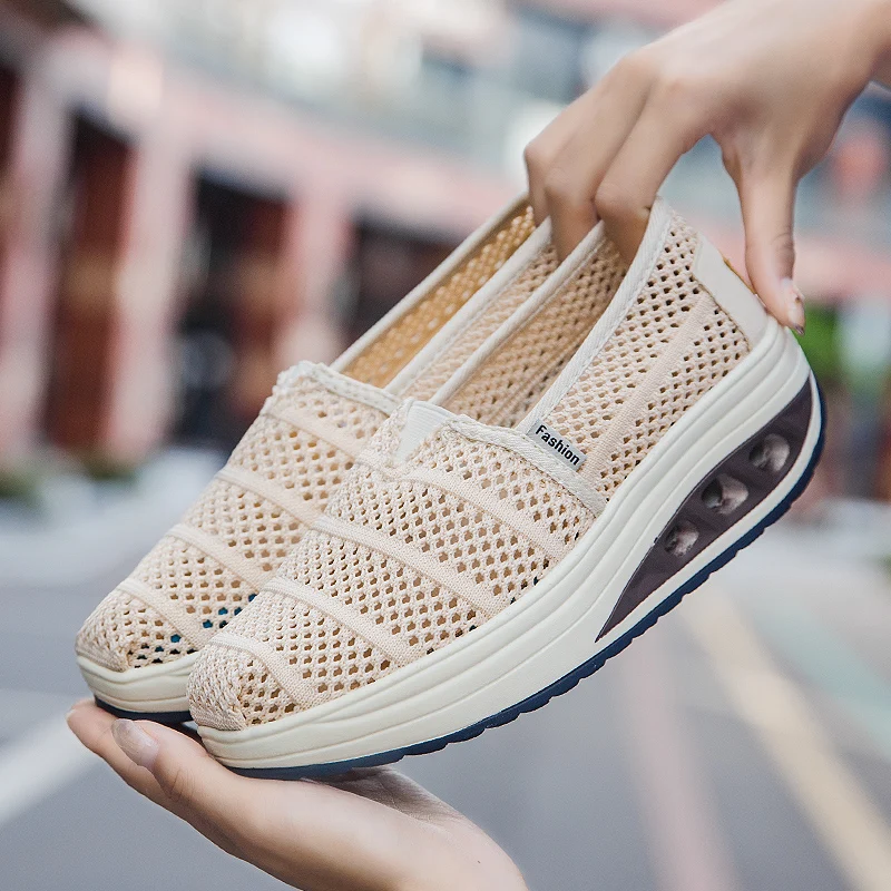 STRONGSHEN Summer Women Fashion Vulcanized Wedges Shoes Platform Ladies Shoes Casual Breathable Hollow Out Mesh Walking Shoes