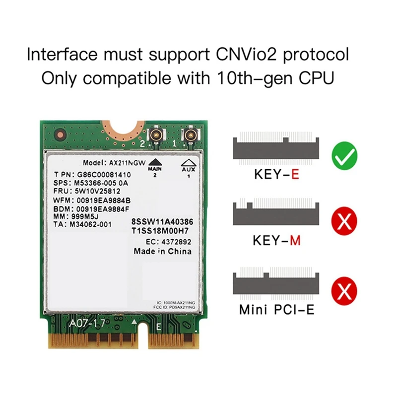 Tarjeta de red inalámbrica Wifi 6E AX211NGW, triple banda, 2,4G/5G/6Ghz, Bluetooth 5,2, AX211, M.2, Keye, Cnvio, Windows 10, 2 uds.