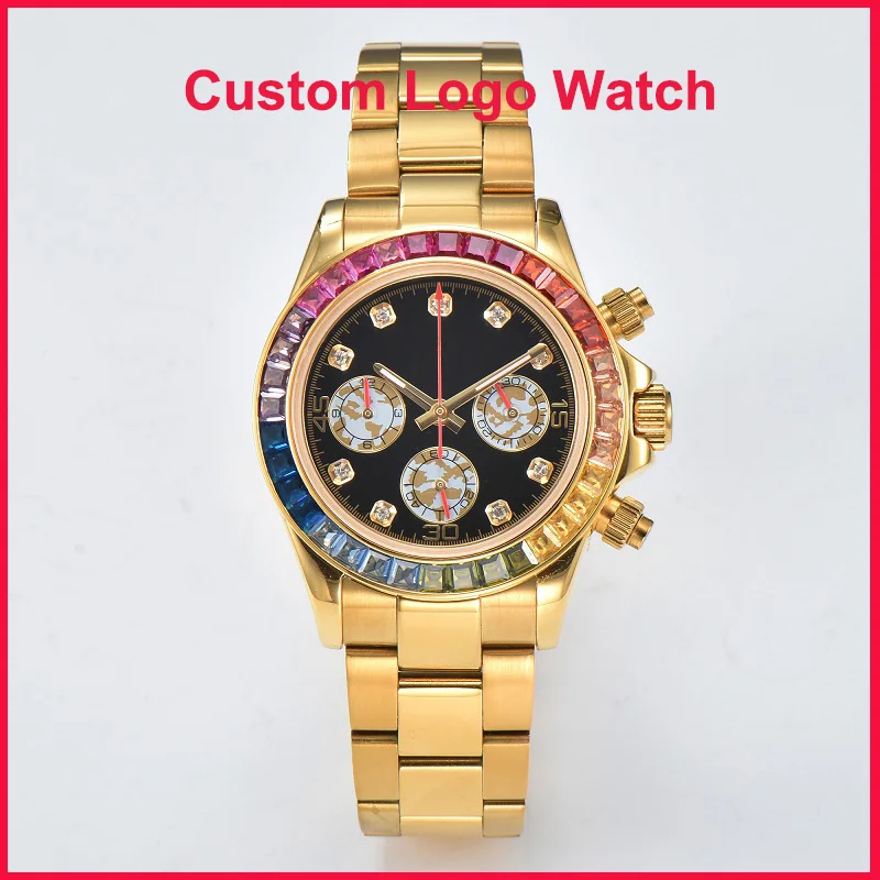 VK63 Chronograph Watch Men 40mm Colored Diamond Crystal Bezel Sapphire Crystal Custom S Logo Quartz Waterproof New Wristwatches