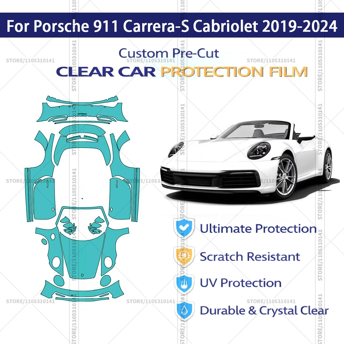 

For Porsche 911 Carrera-S Cabriolet 2019-2024 Pre-Cut Paint Protection Film PPF Transparent Car Film Professional Automotive PPF