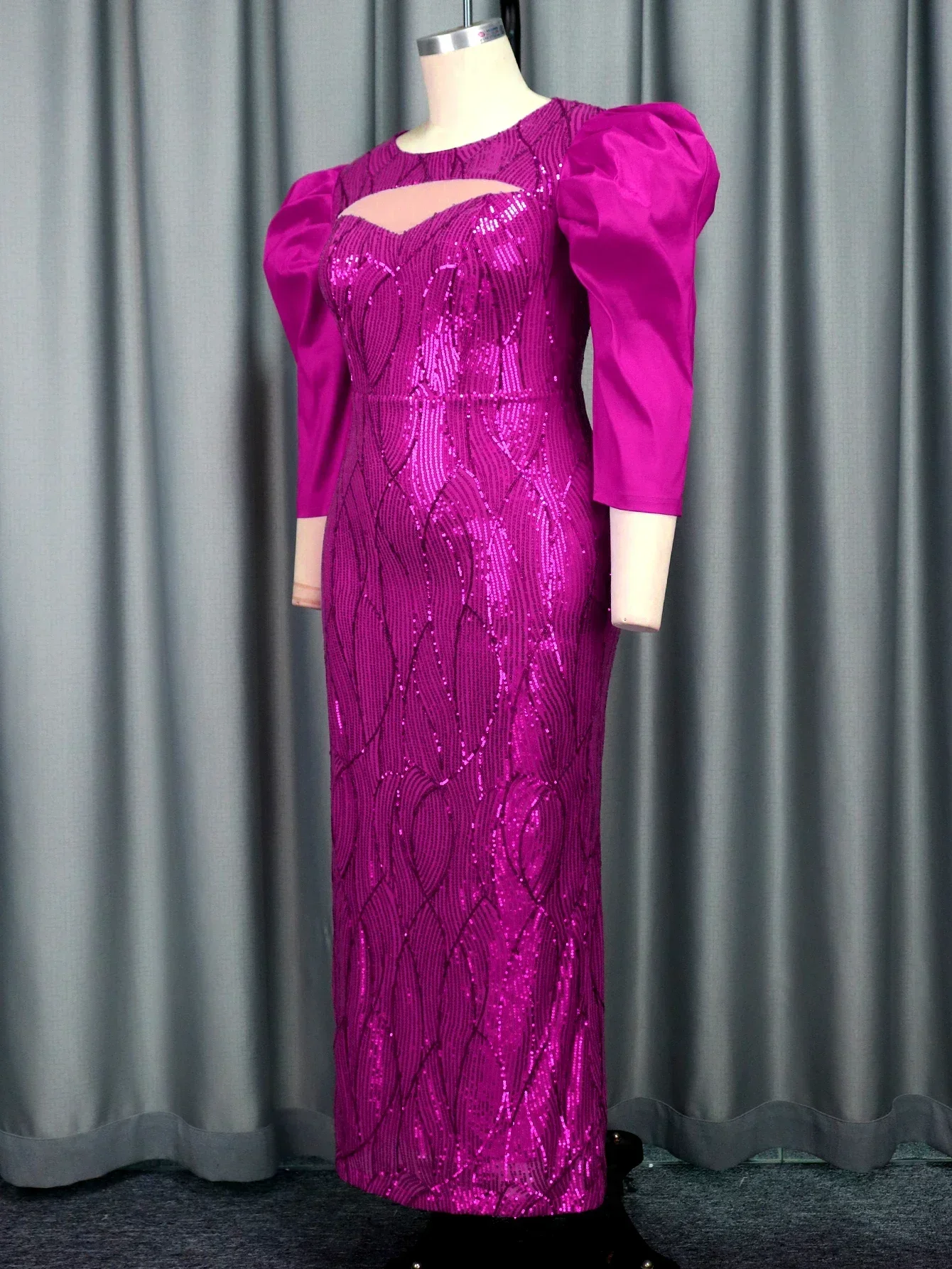 Women Fuchsia Glitter Formal Evening Party Dress O Neck Mesh Long Puff Sleeve Clssy Sheath Christams Wedding Gowns Plus Size New