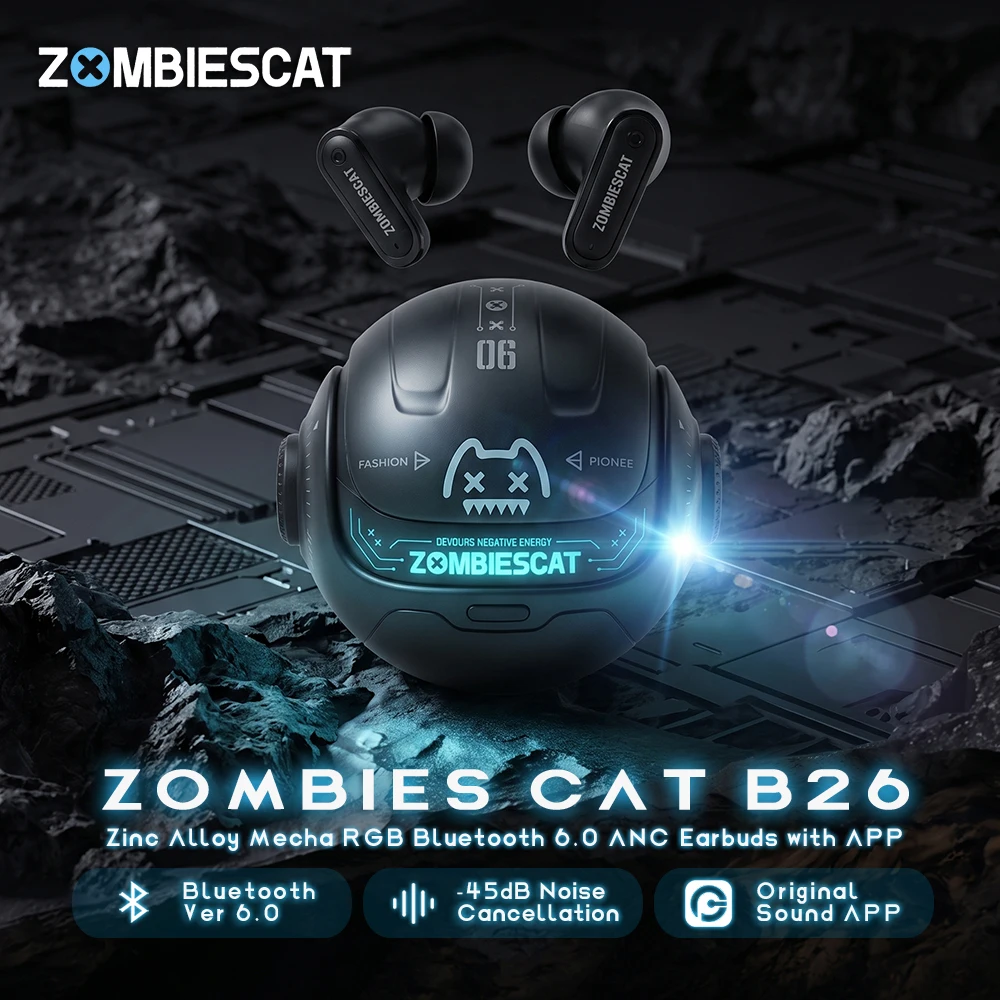 Zombies Cat B26 -45dB Bluetooth 6.0 ANC Earphones Ai Translating Headphone Alloy Mecha Active Noise Cancelling Earbuds with APP