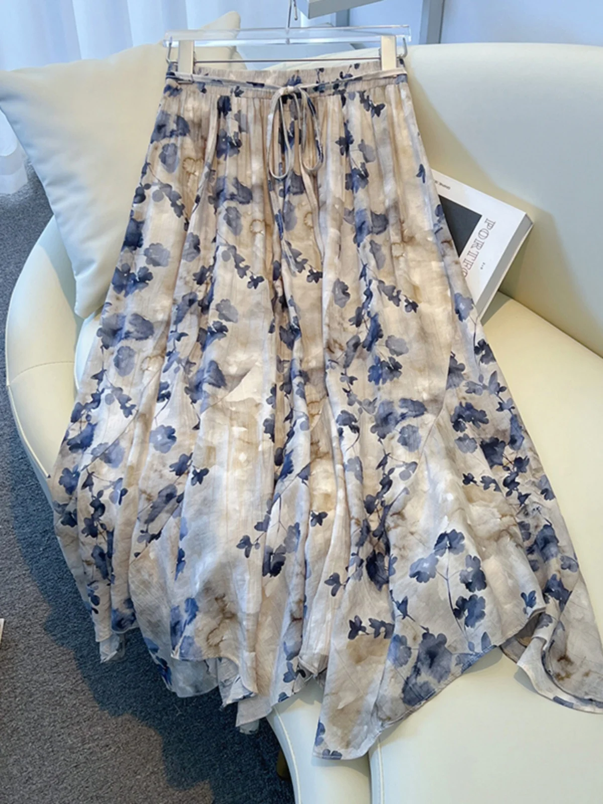 

Retro National Sle f Skirt Women's Summer High Waist Dstring Floral Print A-Line Pleated Long Skirt Commute Sle