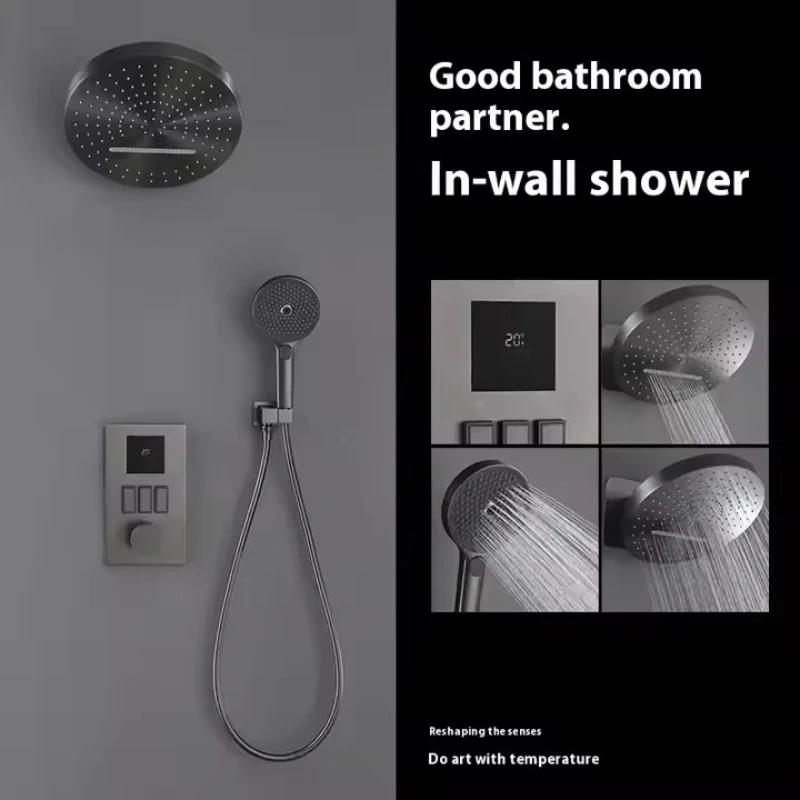 

Factory Direct Sale Copper Gun gray Shower Head Set Three Function Shower Set Bath Concealed Bathroom Shower System Set