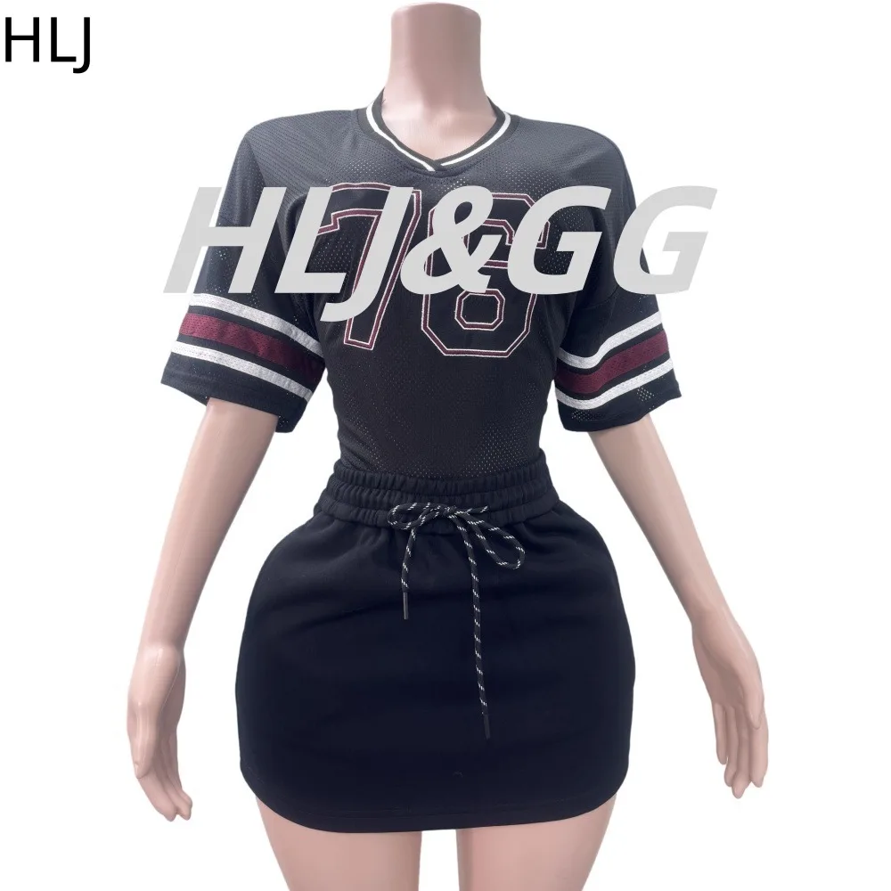 HLJ Y2K Streetwear Women V Neck Letter Print Hollow Loose Tshirts And Drawstring Mini Skirts Two Piece Set Fashion 2pcs Clothing