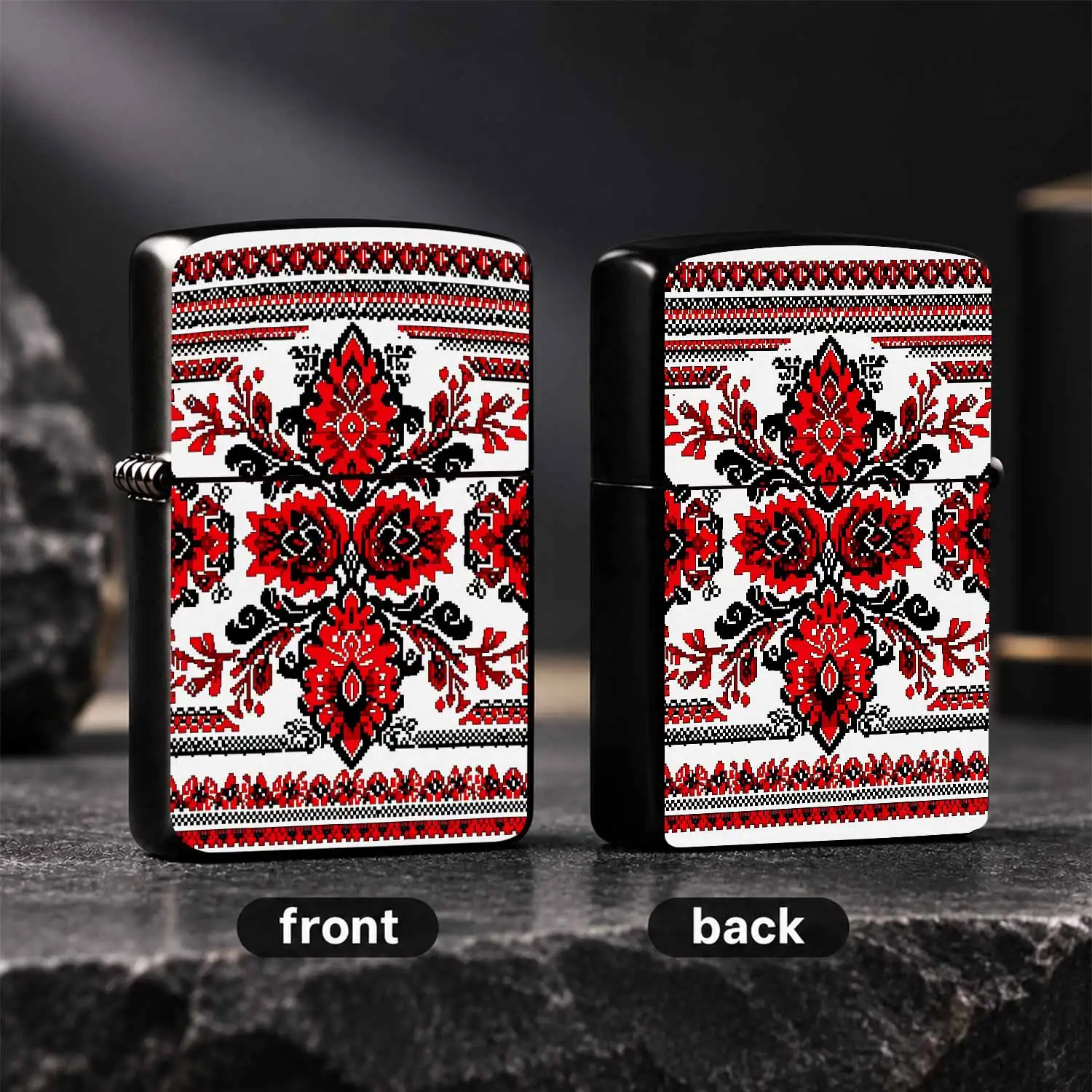 Ukrainian Ethnic Embroidery Pattern Lighter, Retro Red Black Symmetrical Ornate Decor Style, Portable All-scene Usable Tool for Lighting Candles, Camping Fire, Household Stove, Exquisite Durable Practical Gift for Daily  A Humorous And Inte