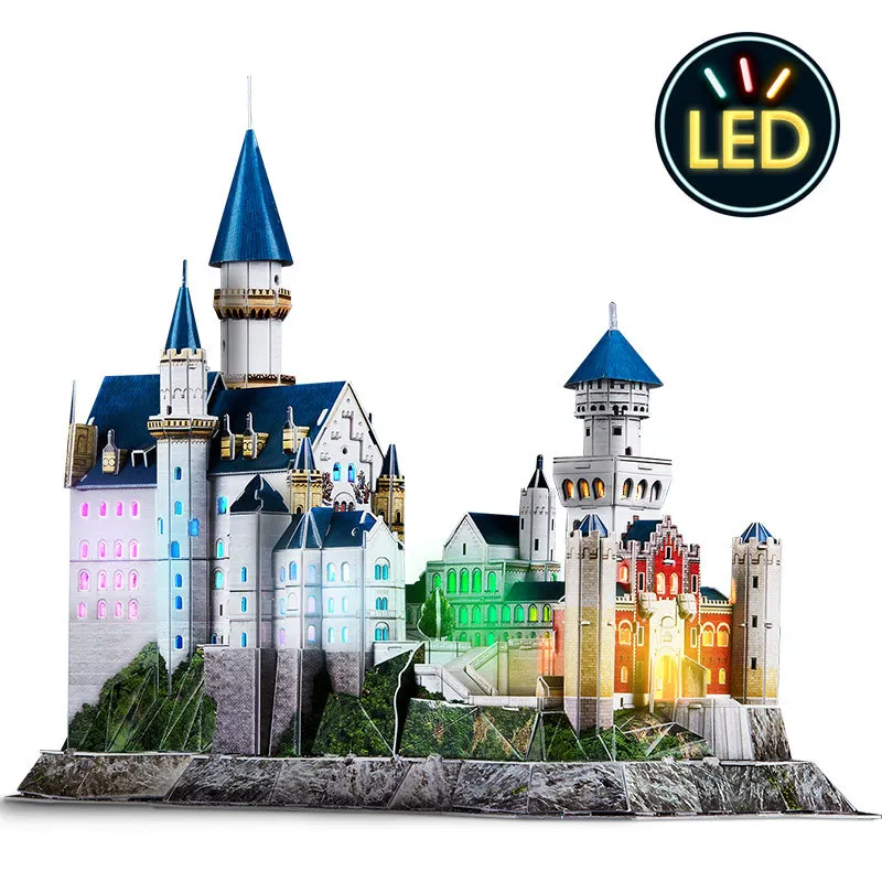 LED Lights Neuschwanstein Castle 3D Three-dimensional Puzzle City Building Children's Handmade Creative Model DIY Gift