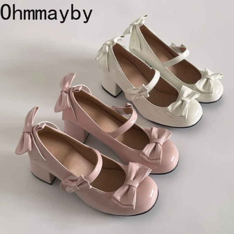 

Дизайнерские женские туфли Мэри Джейн на толстом каблуке, новинка 2026 года, весенние, из лакированной кожи, элегантные, с бантом-бабочкой, в стиле Лолита, для платьев