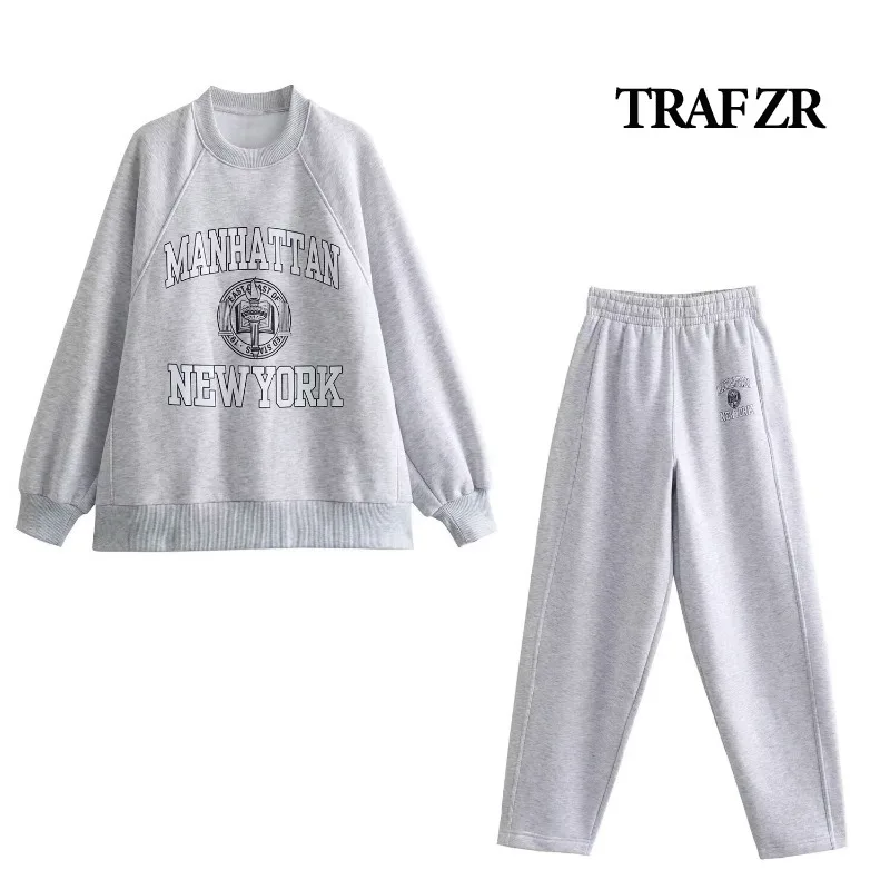 

TRAF ZR Women's Set Two Pieces Grey Letter Printing Pants Sets Autumn Outfits Sweat Suit Sets Long Sleeve Sweatshirt Set