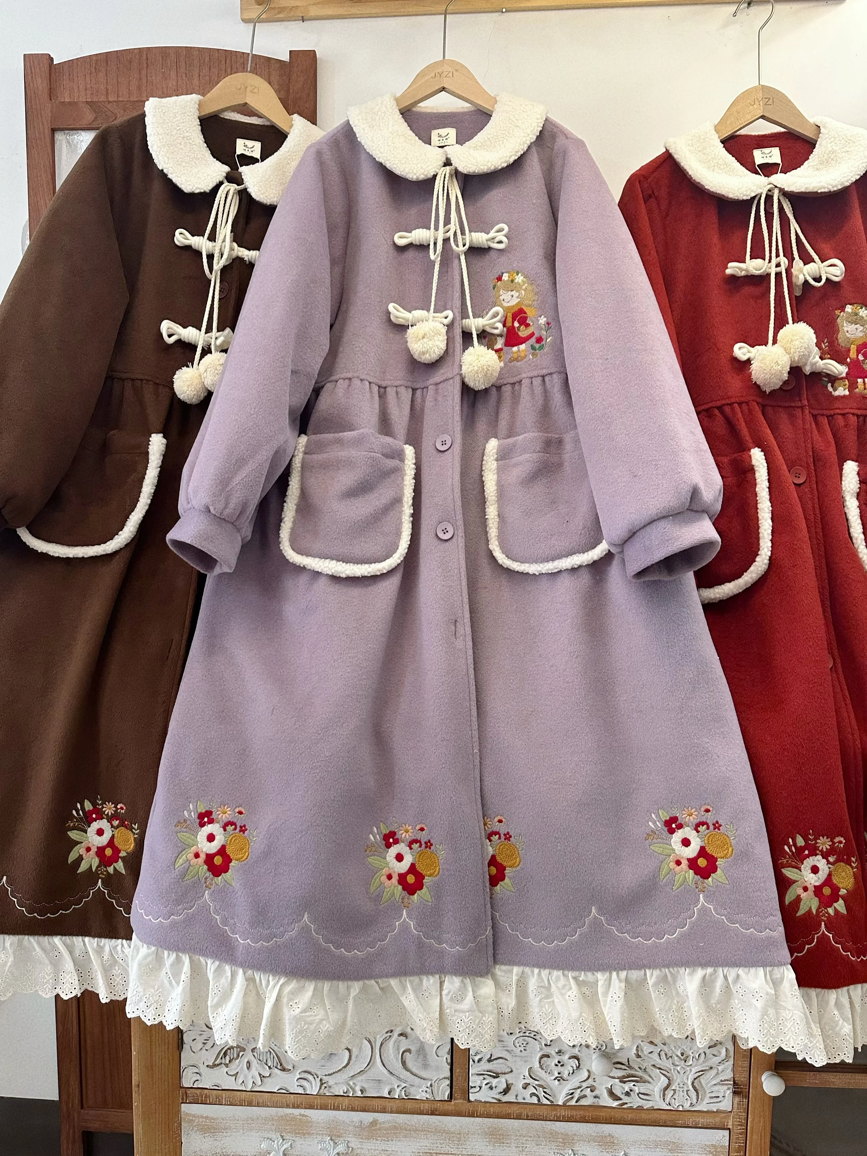 موري فتاة Cla لوليتا ملابس خارجية طويلة الخريف الشتاء المرأة الجديدة فضفاضة ضئيلة الحلو التطريز معطف ثقيل معطف الصوف سترة #2