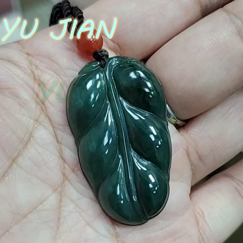 New Natural Burma Jadeite Hand Carved Ink Painting Oil Blue Color Leaves Pendant Boutique Necklace With Chain Fine Jewelry