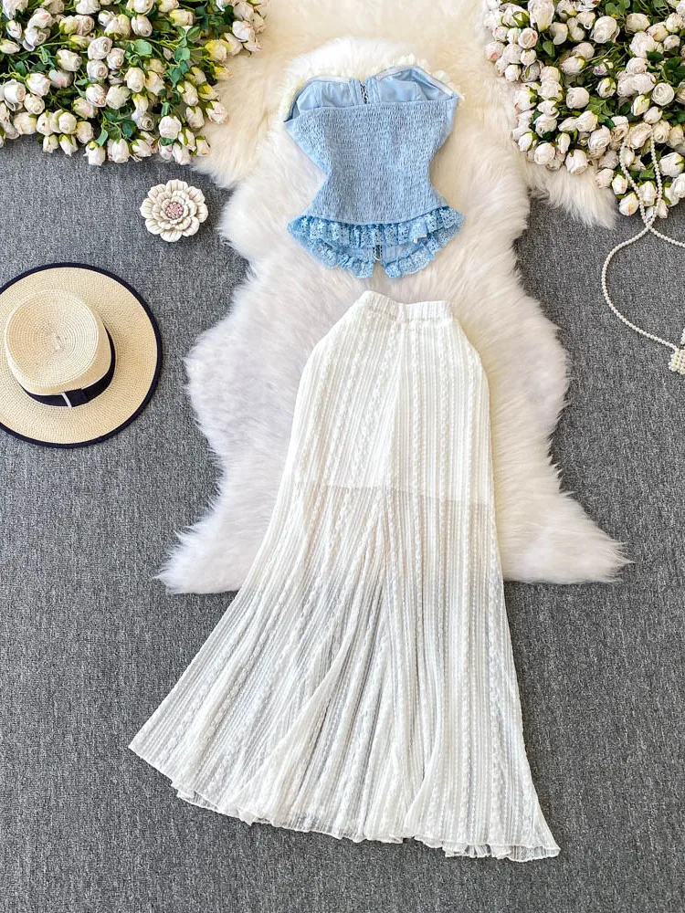

Sexy Strap Short Heavy duty Lace strapless Sweet Flower Top High Waist Slimming Skirt Women Pure Desire Wind Elegant Set