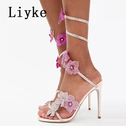 Liyke Summer Fashion Rhinestone Flower Ankle Strap Sandals Women Wedding Banquet Shoes Sexy Open Toe Pink High Heels Sandalias