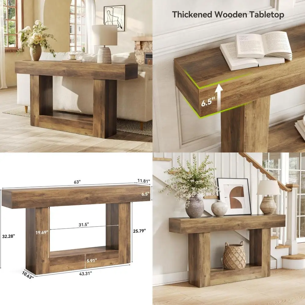 LITTLE TREE 63 Inches Long Console Table, 2-Tier Farmhouse Sofa Table Behind Couch, Large Narrow Entryway Table for Living Room,