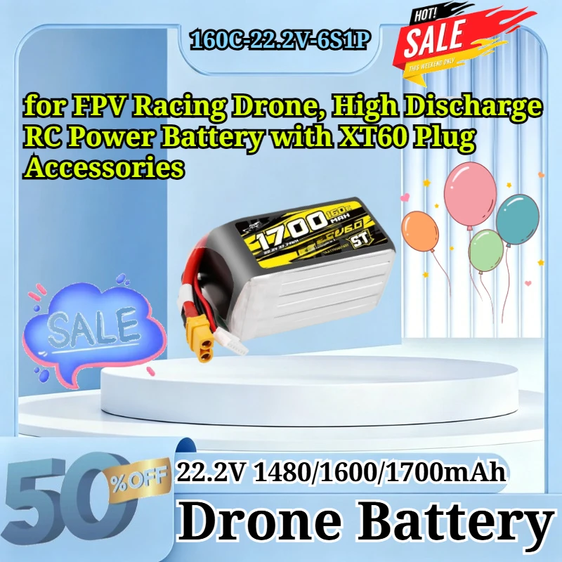 1480/1600/1700mAh-160C-22.2V-6S1P LiPo Battery for FPV Racing Drone, High Discharge RC Power Battery with XT60 Plug Accessories
